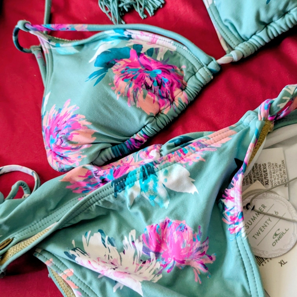 2 Piece O'Neill Riviera Tie Side Bikini Top & Bottom - Pink and Green